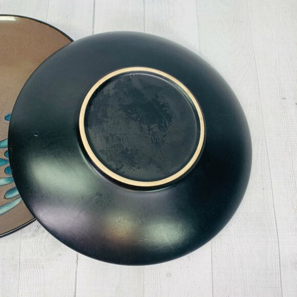 Pier 1 One BLUE MUM Stoneware Off Center Petal On Brown Coupe Dinner Plates of 3 - Picture 3 of 9